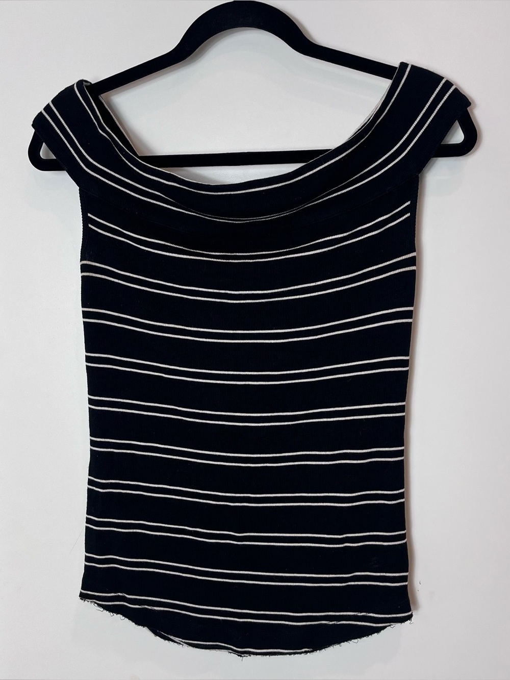 Free People Black & White Striped Off-Shoulder Blouse Draped Boat Neck Large